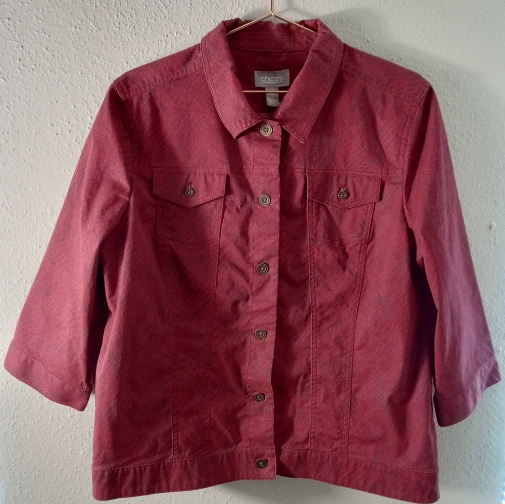 Women's Chico's Red Cotton Snake Print Button Up Shacket sz 3